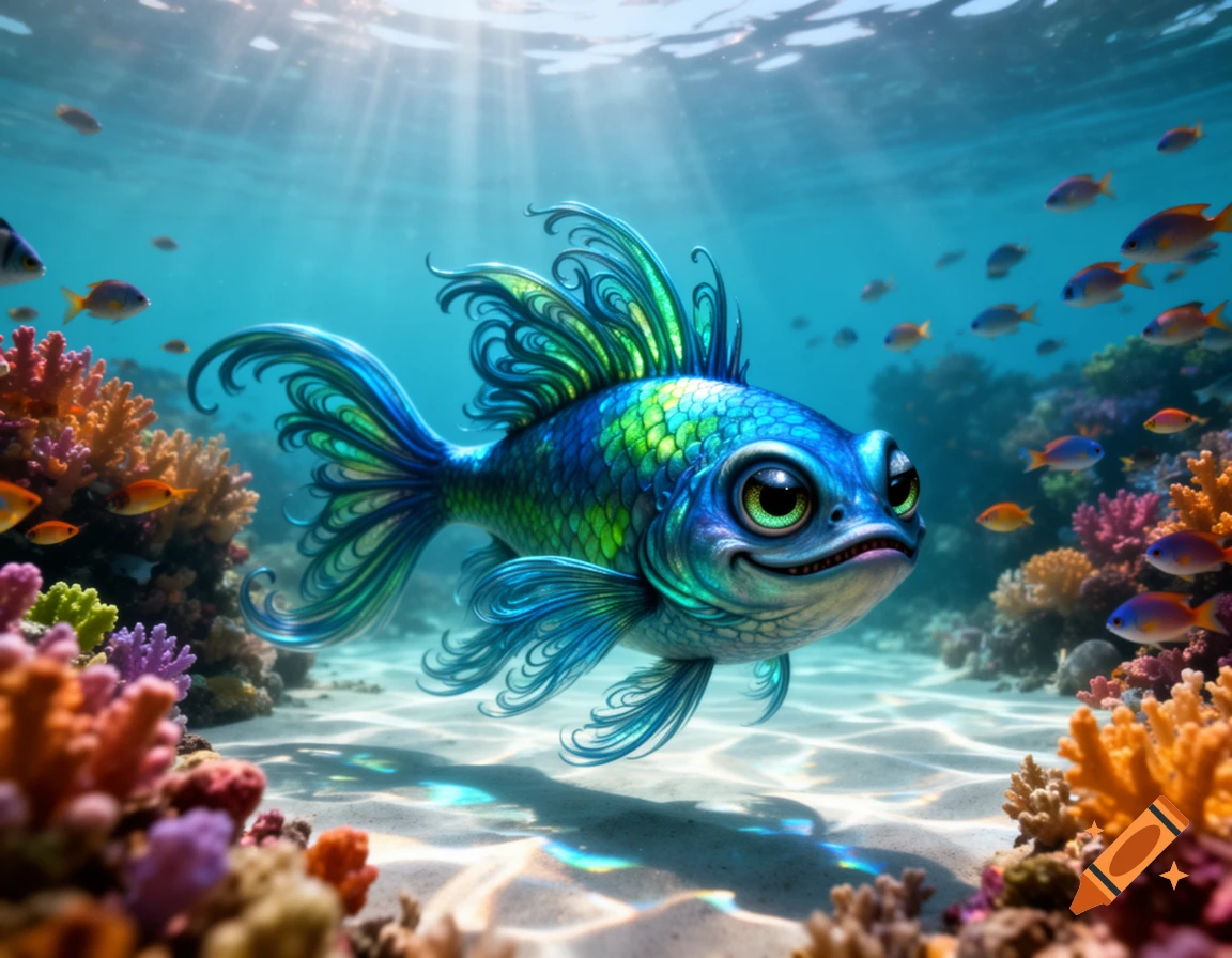 A vibrant, cartoonish blue and green fish with big eyes and a smirk swims in a colorful coral reef, with sun rays piercing the water.