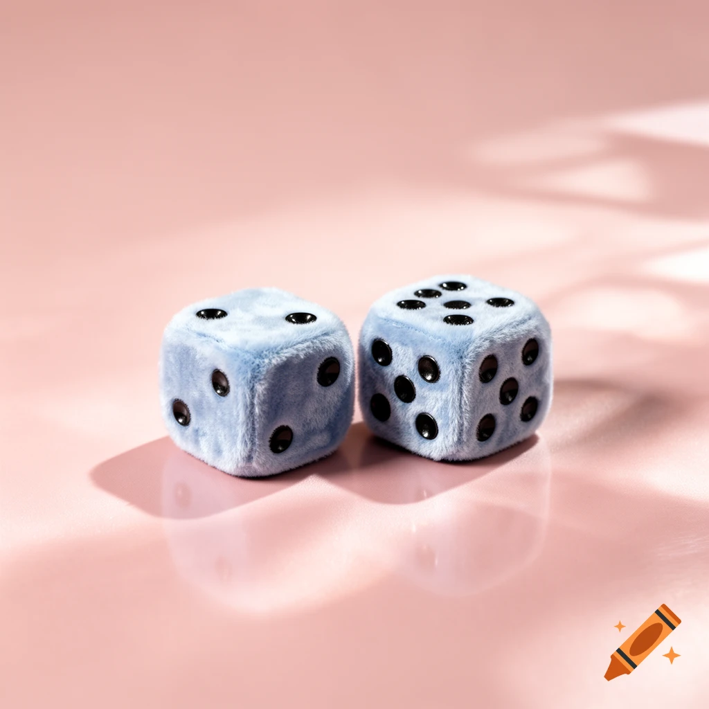 Two fuzzy light blue dice rest on a pale pink surface with soft shadows.