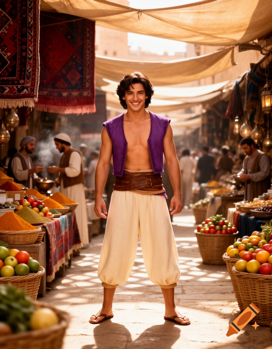 A smiling young man resembling Aladdin stands in a bustling, sunlit market, surrounded by baskets of colorful fruits, spices, and hanging rugs.