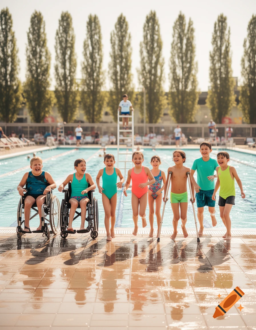 Diverse group of children, some in wheelchairs and with crutches, laughing joyfully by an outdoor swimming pool on a sunny day.
