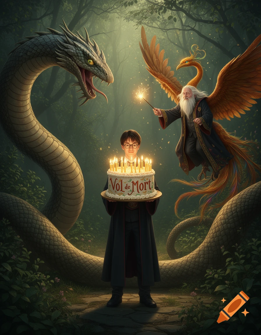 Harry Potter holds a birthday cake with lit candles, flanked by a basilisk on the left and Dumbledore on a phoenix on the right. Dumbledore lights candles with a wand in a magical forest setting.