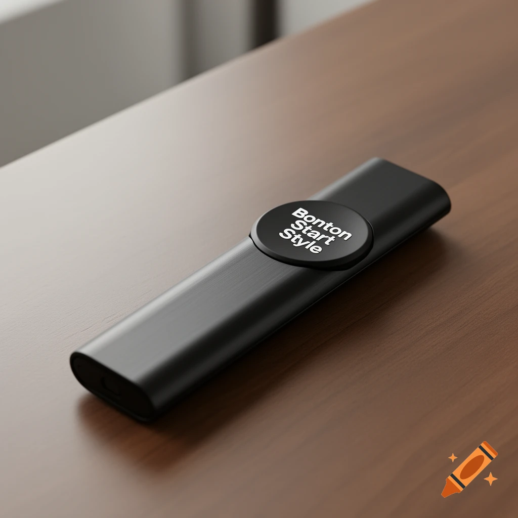 A black rectangular device with a circular button reading 'Bonton Start Style' on a wooden surface, photorealistic.