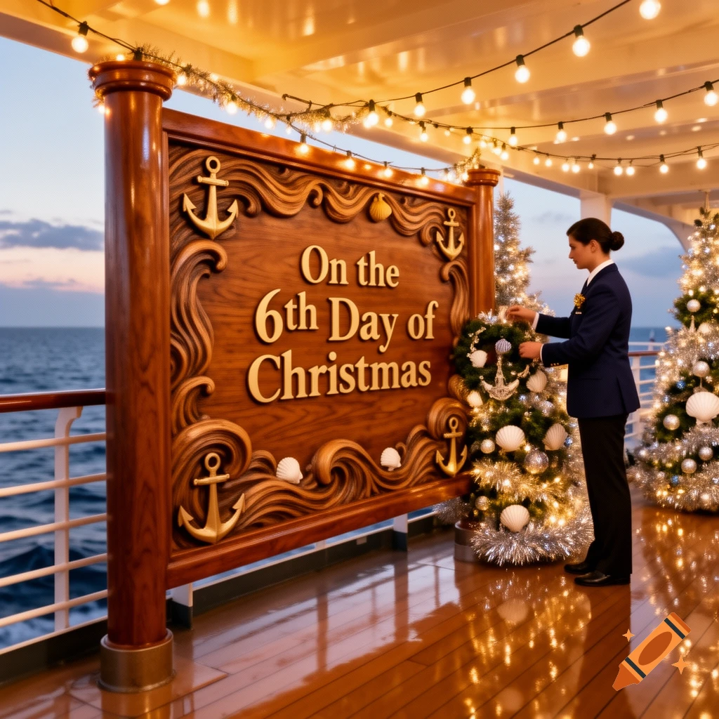 A person decorates a Christmas wreath on a cruise ship deck, next to a wooden sign 'On the 6th Day of Christmas' and holiday trees.