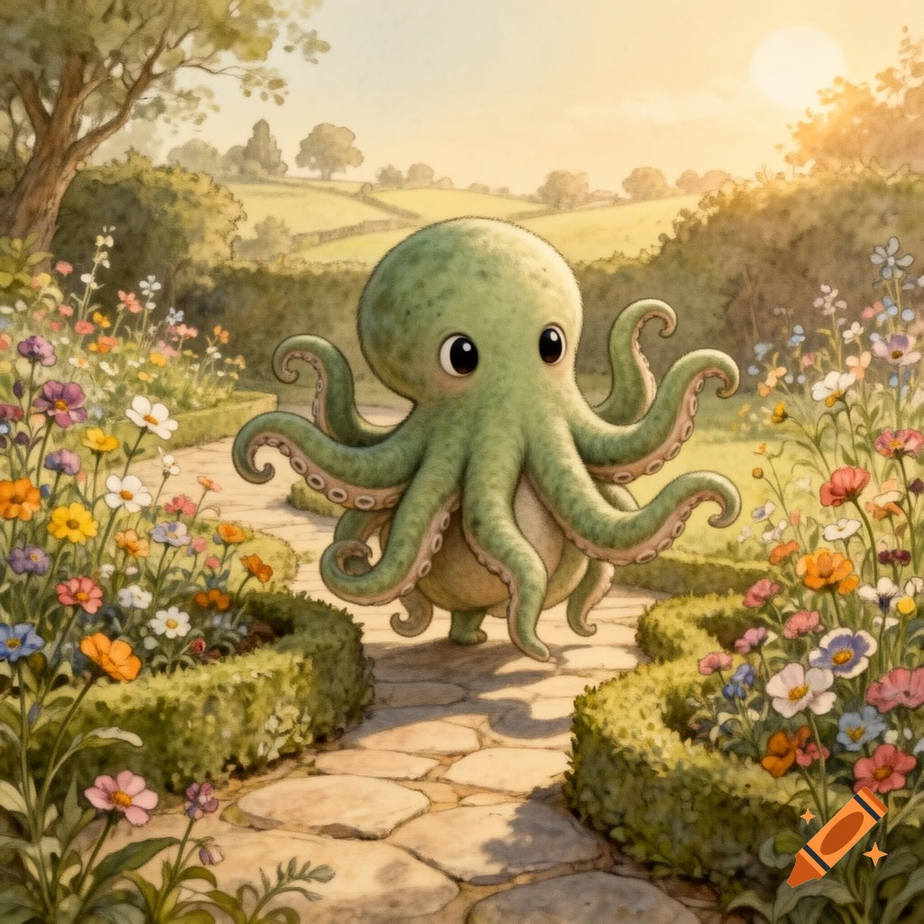 A cute, green octopus with big eyes walks along a stone path through a colorful flower garden in a Beatrix Potter-style illustration.