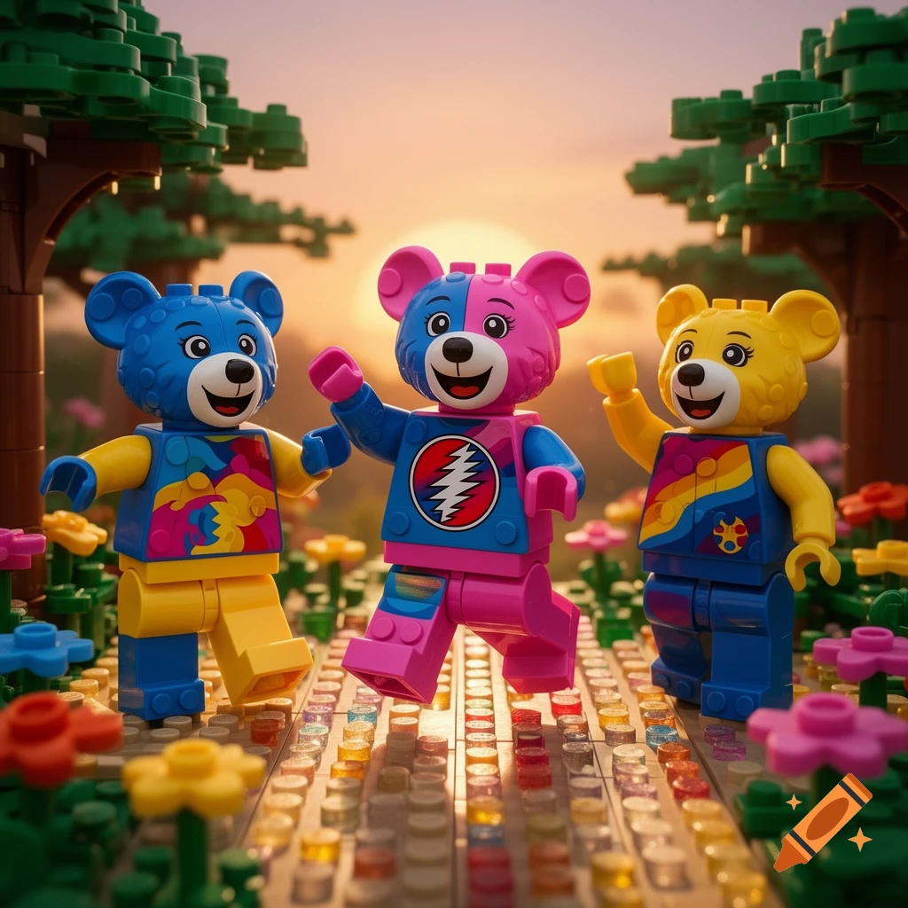 Three colorful Lego bear minifigures with Grateful Dead-inspired designs dance in a vibrant Lego garden at sunset.