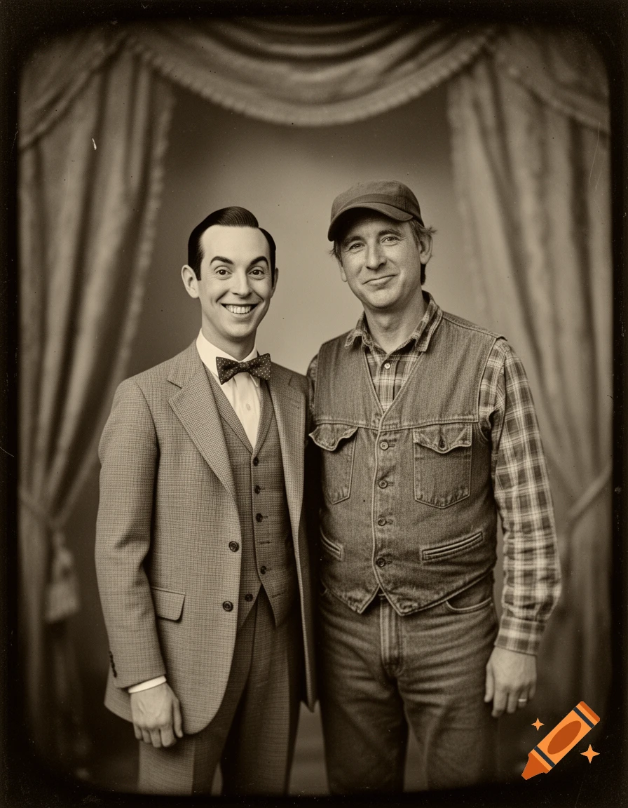 A sepia-toned daguerreotype-style portrait of Pee-Wee Herman and Ernest P. Worrell smiling in vintage attire.