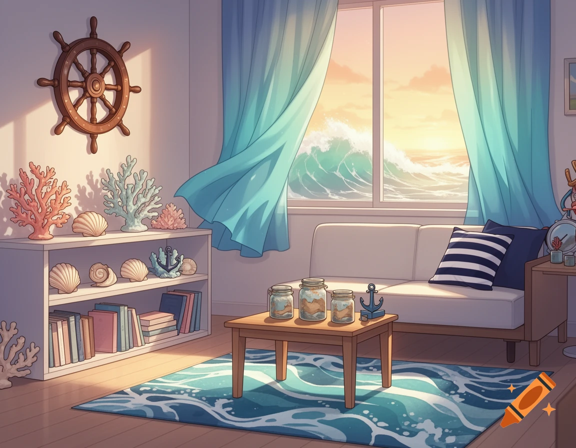 Cel-shaded anime style living room with a nautical theme, featuring coral, shells, a ship's wheel, and a window view of ocean waves at sunset.