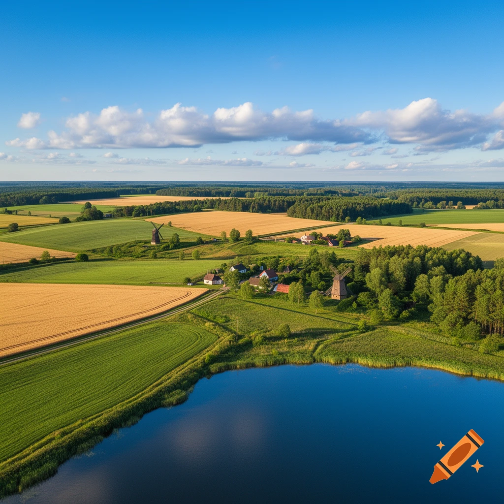 Aerial view of a rural landscape with green and golden fields, a dark blue lake, forests, small villages, and windmills under a clear blue sky.