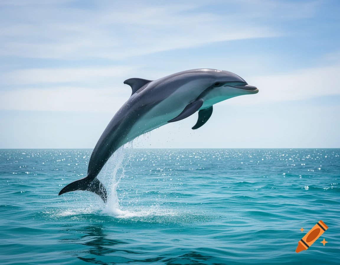 A photorealistic dolphin leaps out of bright turquoise ocean water, splashing, under a blue sky.