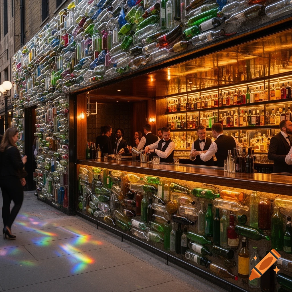 A unique cocktail bar with an exterior wall covered in colorful glass bottles. Bartenders prepare drinks inside, with rainbow light reflections on the pavement outside.