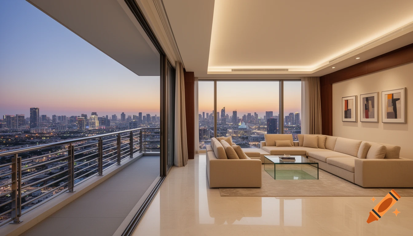 A modern luxury living room with a large L-shaped sofa and glass coffee table, boasting a private balcony and panoramic city skyline views at dusk.
