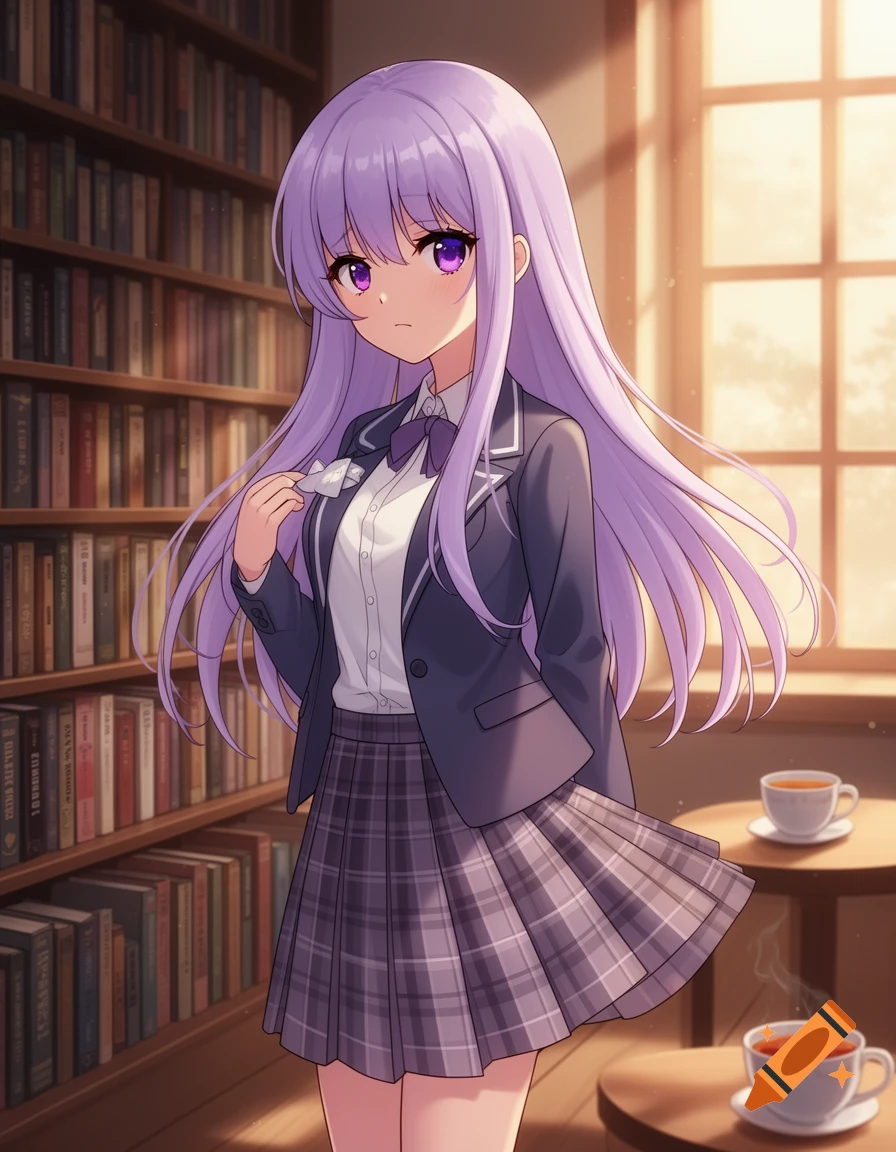 An anime girl with long purple hair and eyes, wearing a school uniform, stands in a library with cups of tea on a table beside her.
