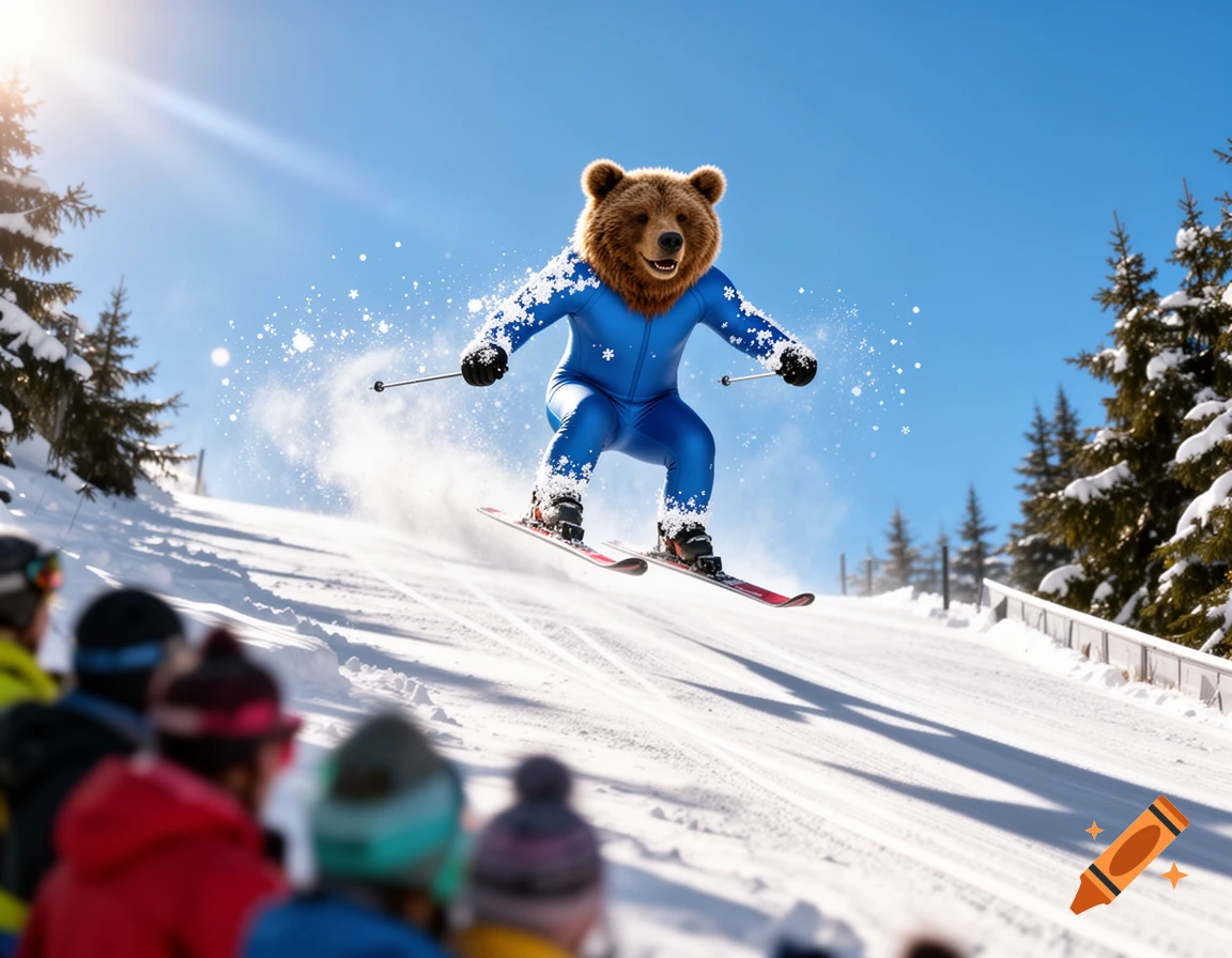 An anthropomorphic bear in a blue ski suit skis down a sunny, snowy mountain slope as spectators watch.
