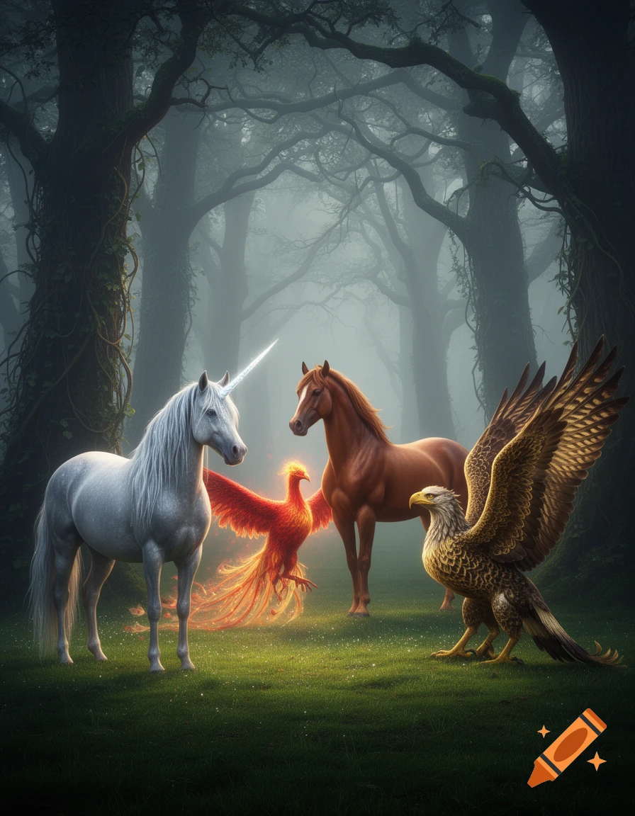 A white unicorn, brown horse, red phoenix, and golden eagle stand in a misty, dark fantasy forest with glowing green grass.