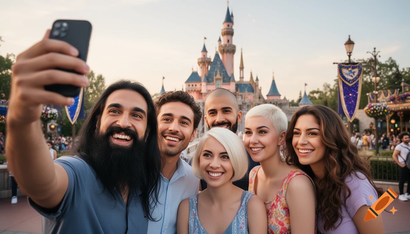 A diverse group of five friends smiling and taking a selfie in front of a castle at a theme park. Photorealistic.