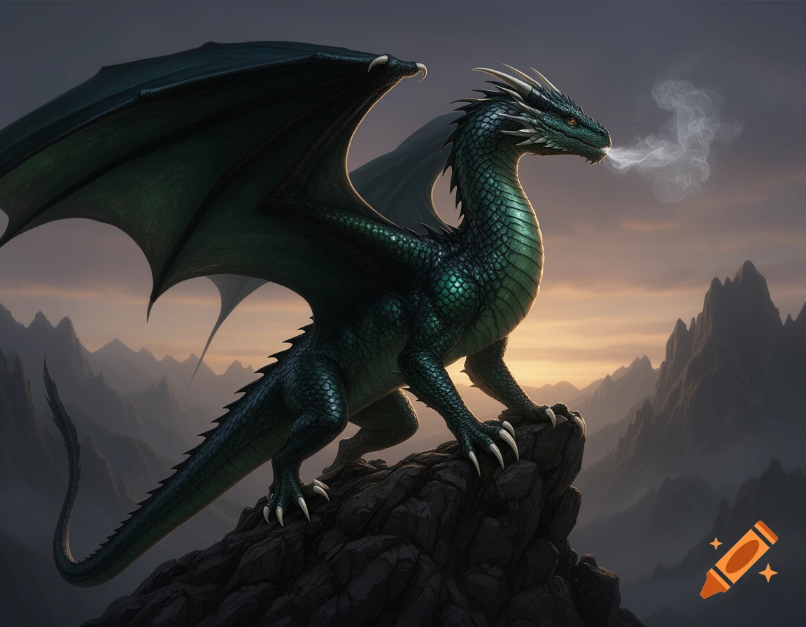 A majestic, emerald green dragon stands on a rocky mountain peak, breathing smoke into the twilight sky.