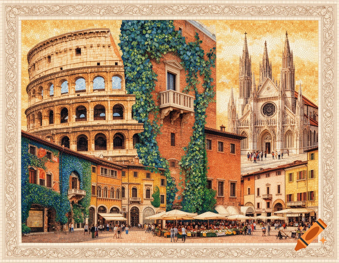 Mosaic of Italian landmarks including the Colosseum and a gothic cathedral, overlooking a vibrant city square.