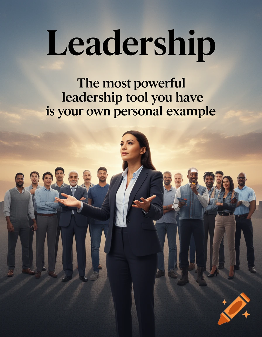 A diverse group of professionals led by a woman in a suit, under a sky with the text 'Leadership. The most powerful leadership tool you have is your own personal example'.