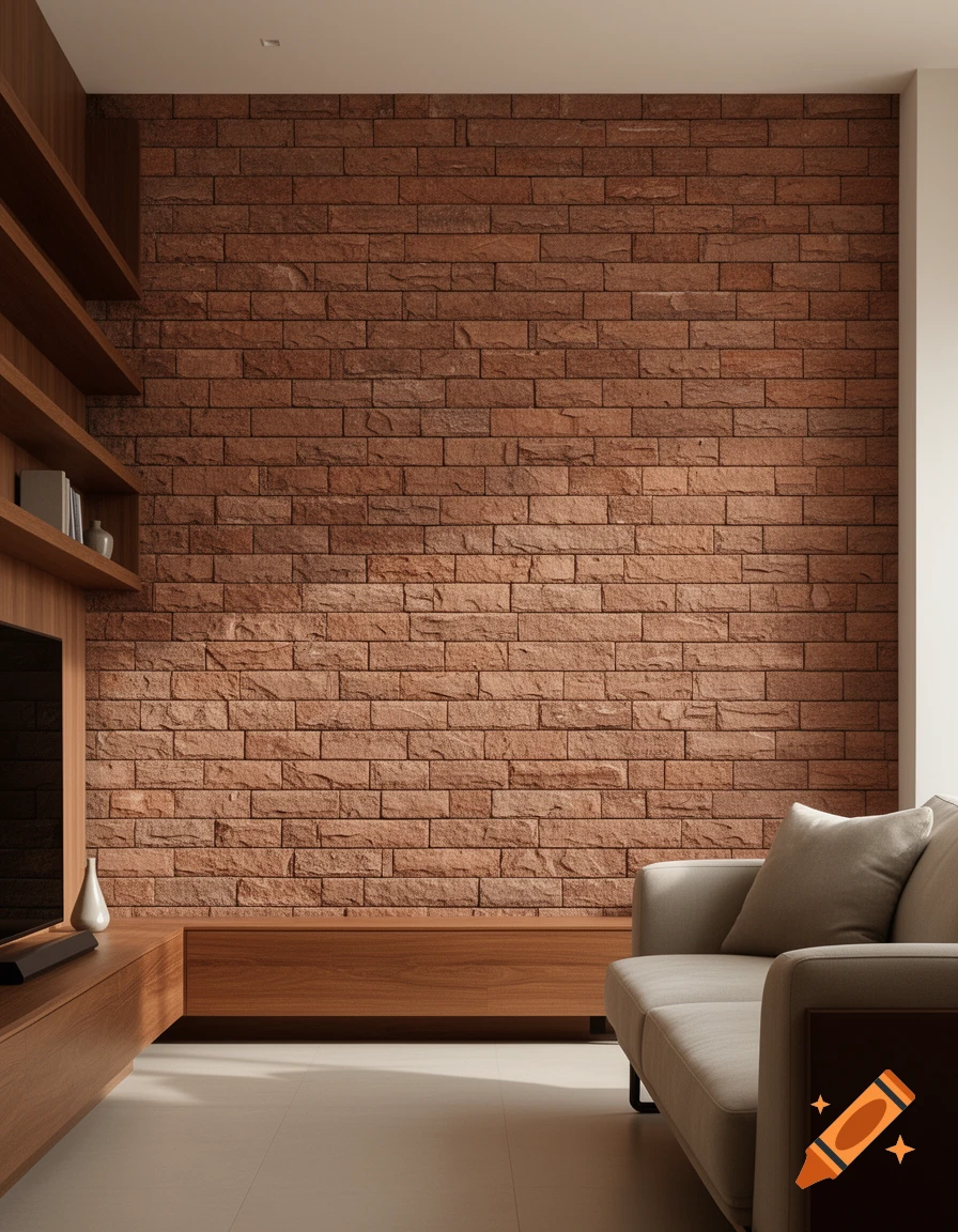 Modern living room featuring a red brick accent wall, wooden shelving, an entertainment unit with a TV, and a beige sofa.