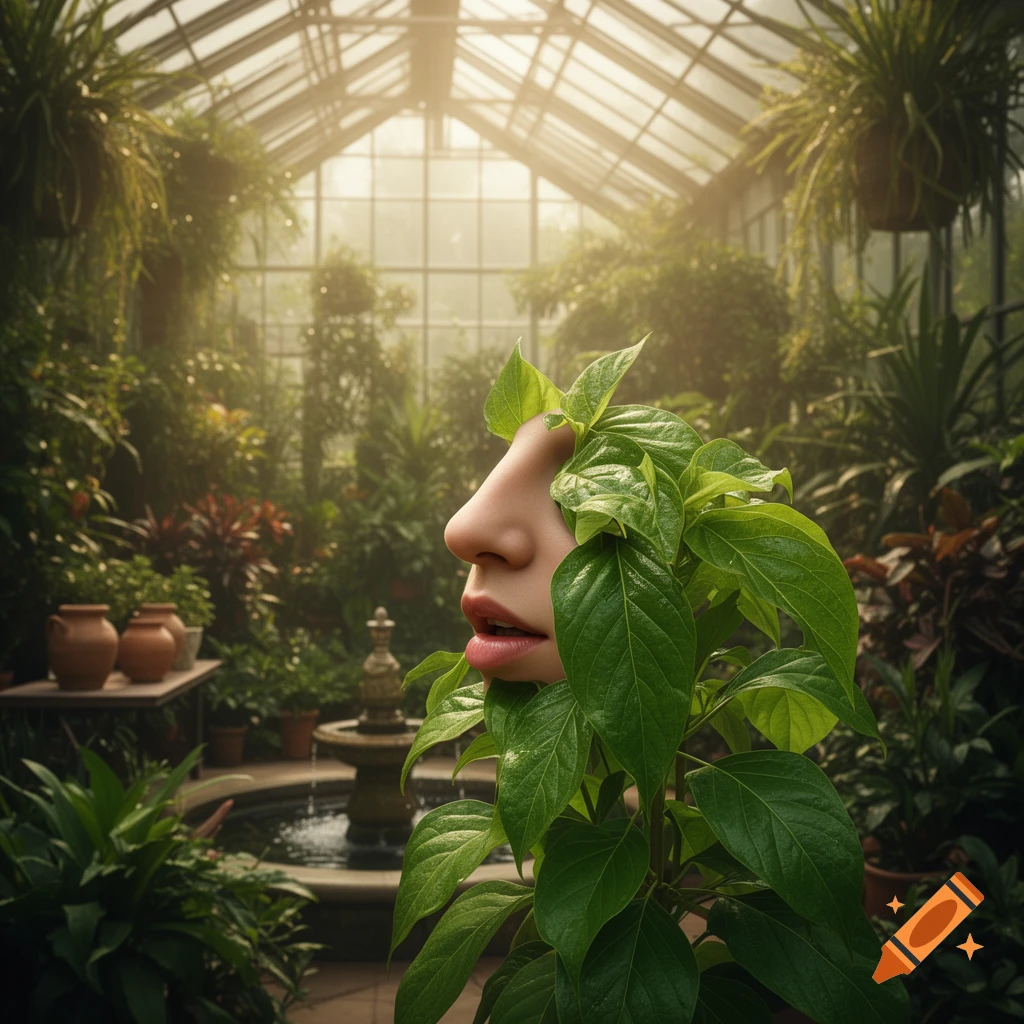 A photorealistic, surreal image of a human nose and mouth emerging from a vibrant green plant, set in a lush greenhouse with a fountain.