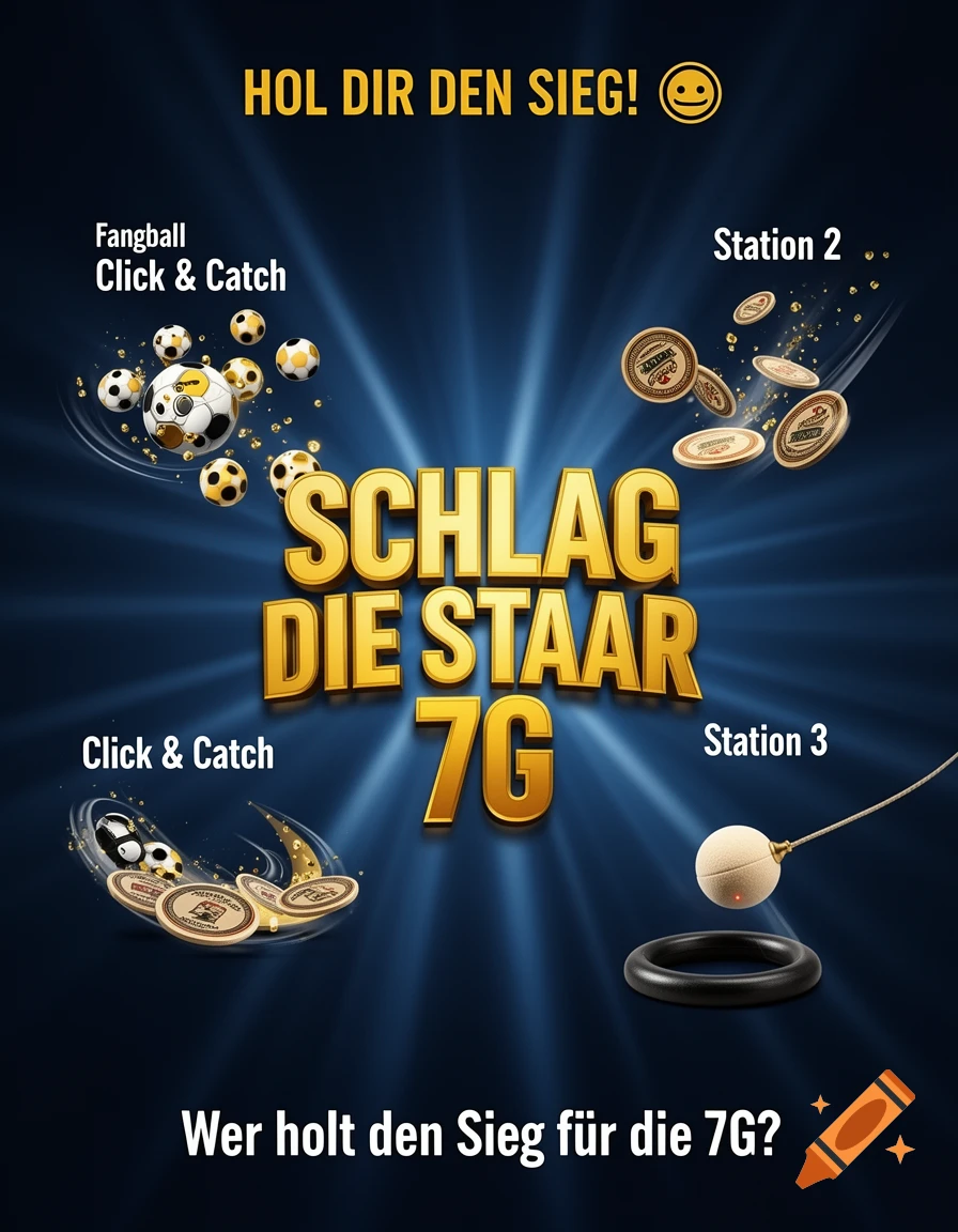 A stylized poster in dark blue with golden light rays, featuring golden text 'SCHLAG DIE STAAR 7G' in the center. Around it are illustrations of various games: soccer balls, flying coins, a ring, and a ball on a string. German text 'HOL DIR DEN SIEG!' and 'Wer holt den Sieg für die 7G?' are also present.