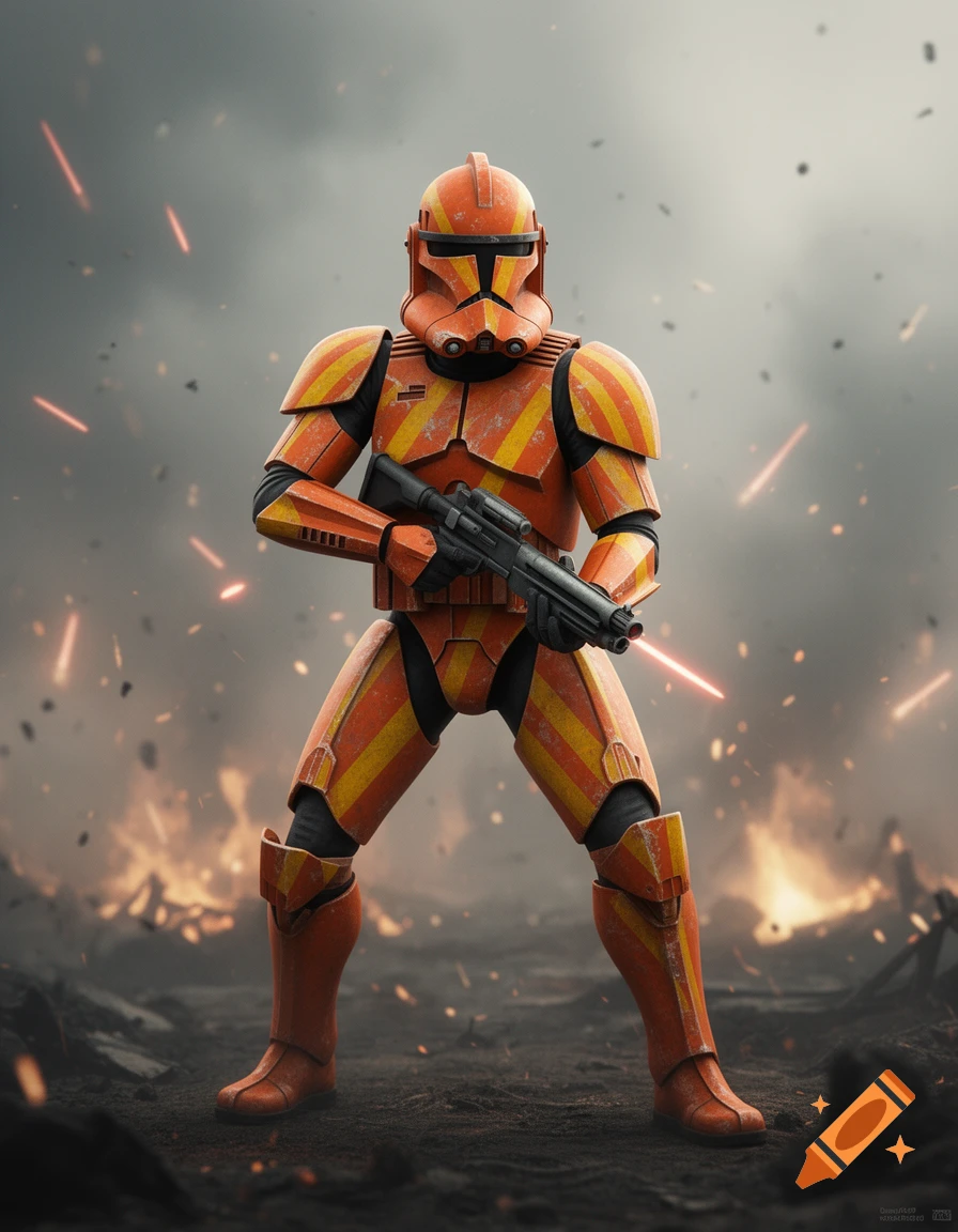 A photorealistic Star Wars clone commando in orange and yellow striped armor stands holding a rifle on a smoky, fiery battlefield.