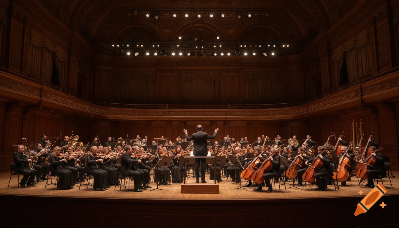 A full orchestra with a conductor on stage in a grand symphony hall, illuminated by warm golden lights.