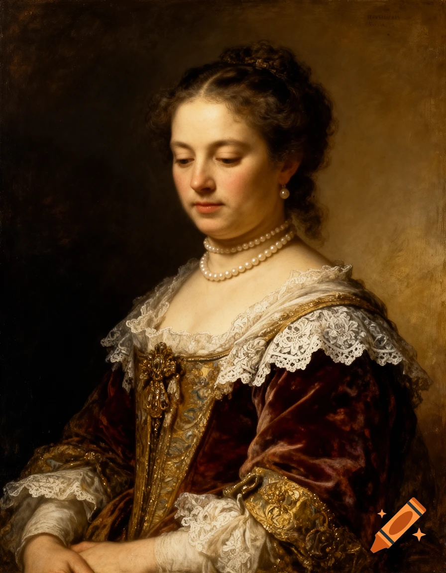 A classical oil painting in the style of Rembrandt shows a woman with dark hair looking down, wearing pearls and an ornate red velvet and gold dress.