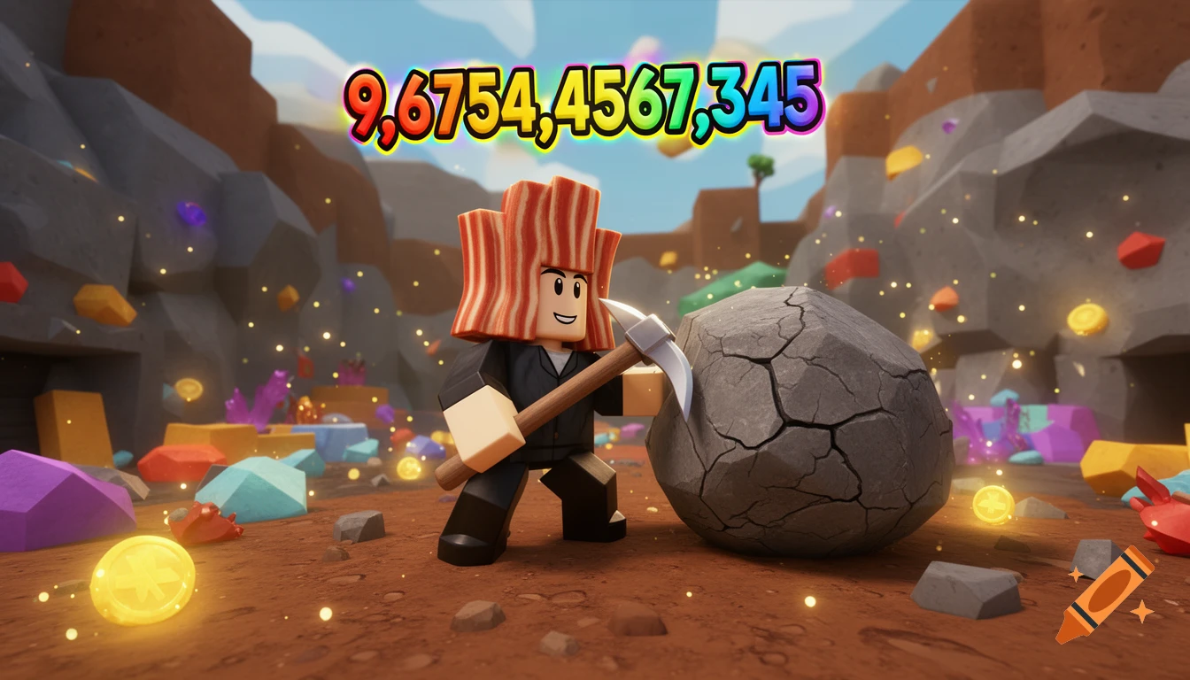 A Roblox-style bacon hair character with a pickaxe hits a large cracked rock in a colorful mining area with glowing coins and floating numbers.