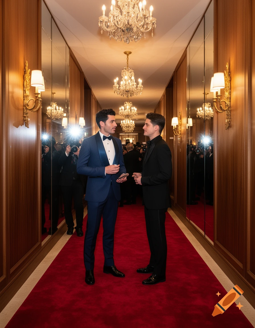 Two men in tuxedos talk on a red carpet in a luxurious hallway with chandeliers and mirrored walls, photorealistic.