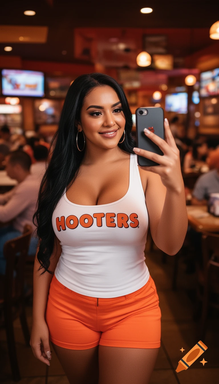 A young Latina woman in a Hooters uniform takes a selfie in a restaurant, featuring a white 'HOOTERS' tank top, orange shorts, long black hair, and hoop earrings.