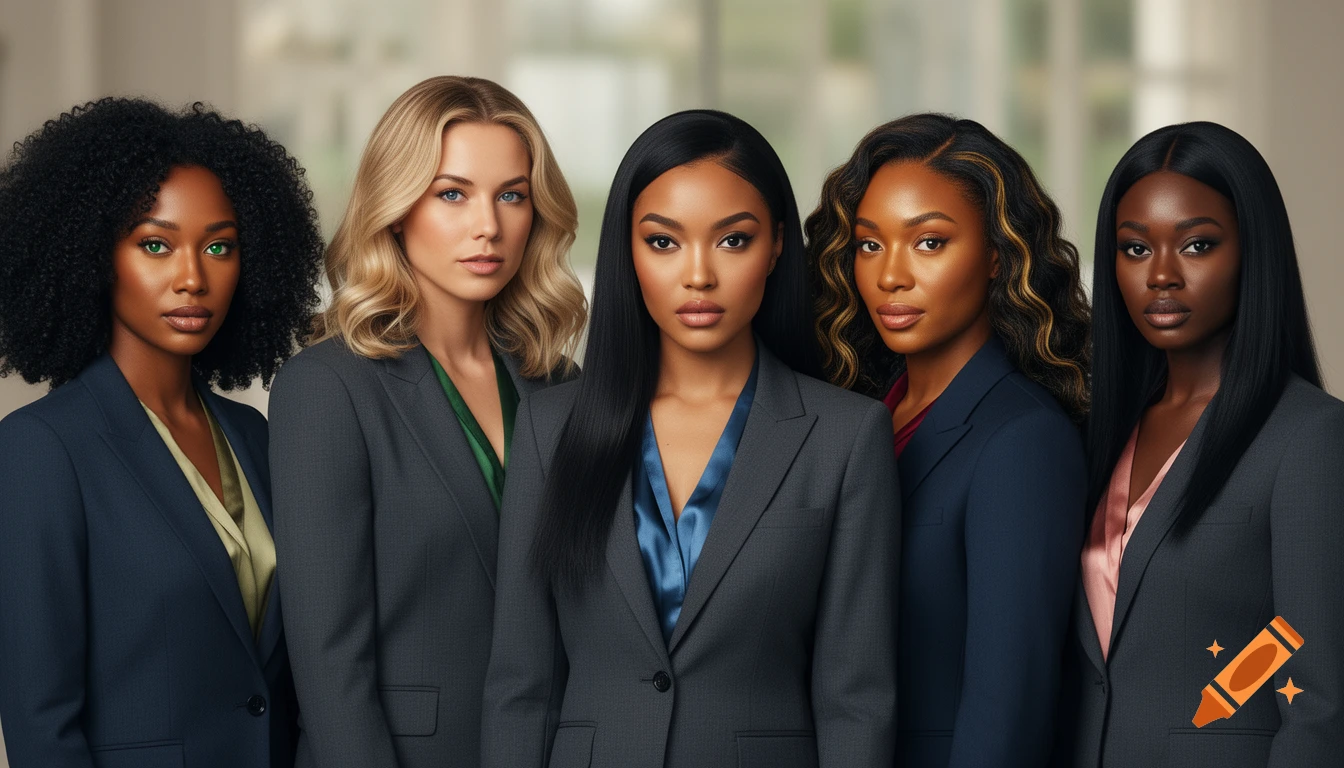 A photorealistic group portrait of five diverse women in business suits, looking directly at the viewer.
