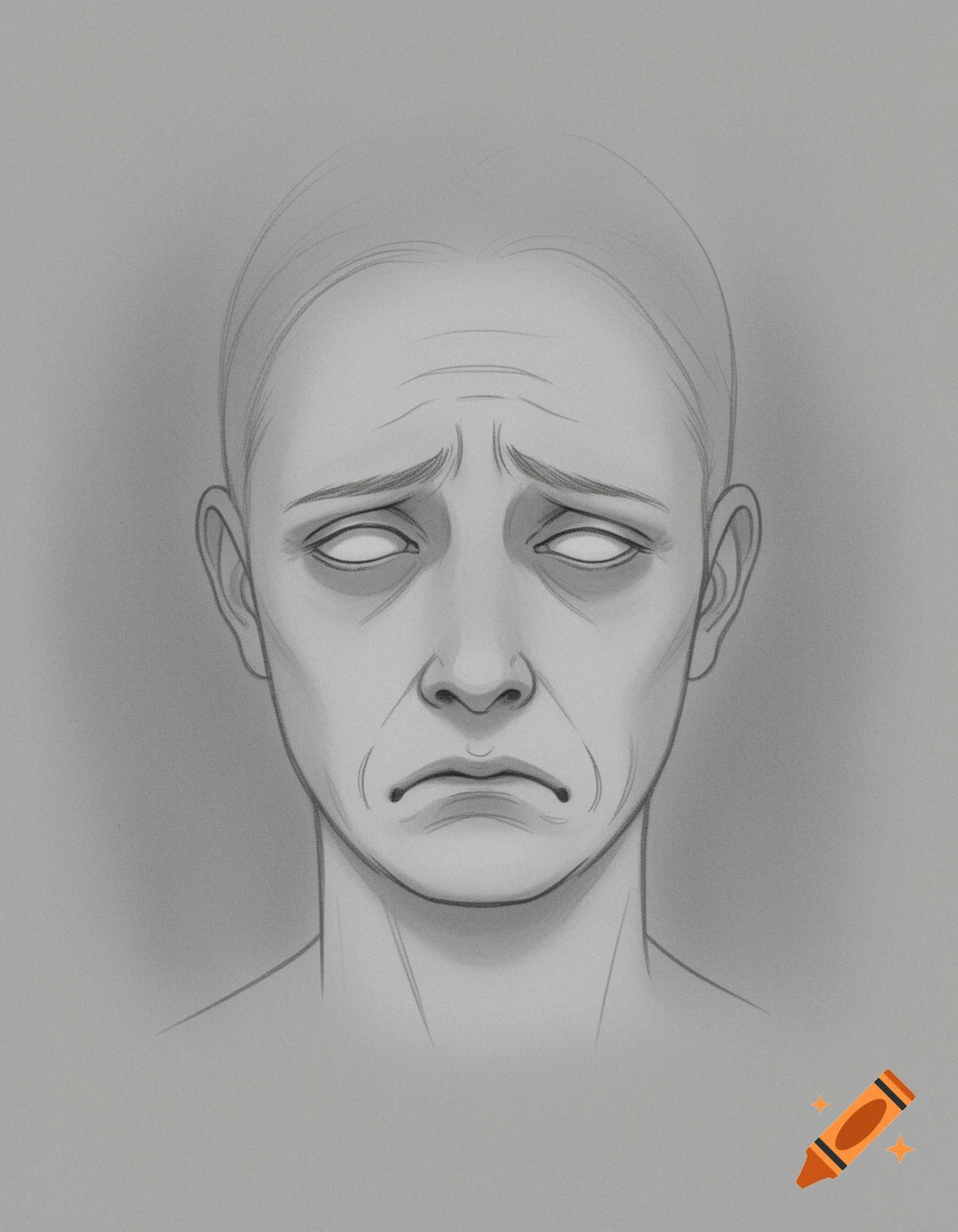 Grayscale sketch of a person's face depicting sadness and hopelessness with white eyes.