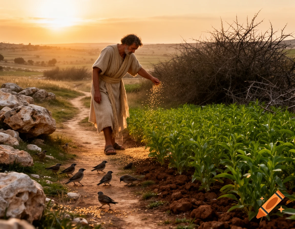 A man in ancient robes sows seeds in a field with birds on the path and green crops, set against a sunset sky.