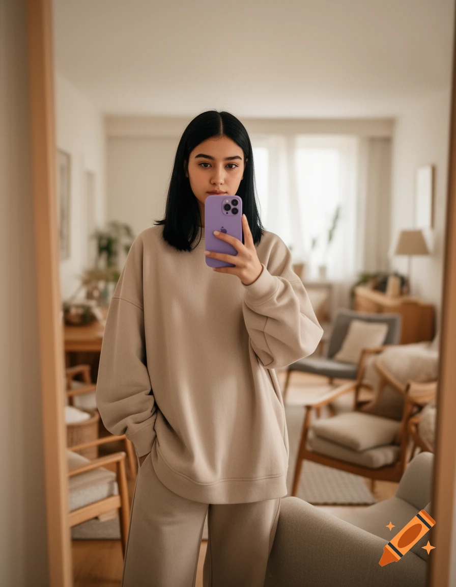 A young woman with black hair takes a mirror selfie in her cozy apartment, wearing a beige oversized sweatshirt and pants, holding a purple phone.