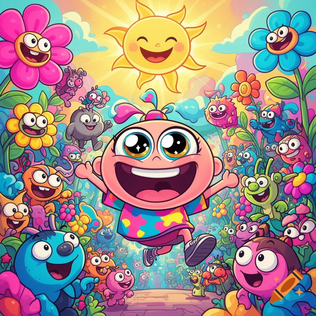 A vibrant cartoon of a happy baby-like character amidst many smiling, colorful fantasy creatures and flowers, under a beaming sun.