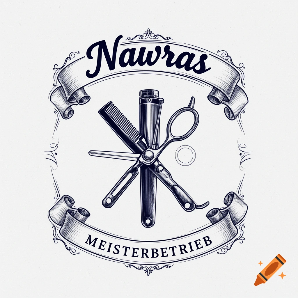 Vintage sketch barbershop logo with comb, scissors, and razor, framed by ribbons with 'Nawras' and 'MEISTERBETRIEB' text.