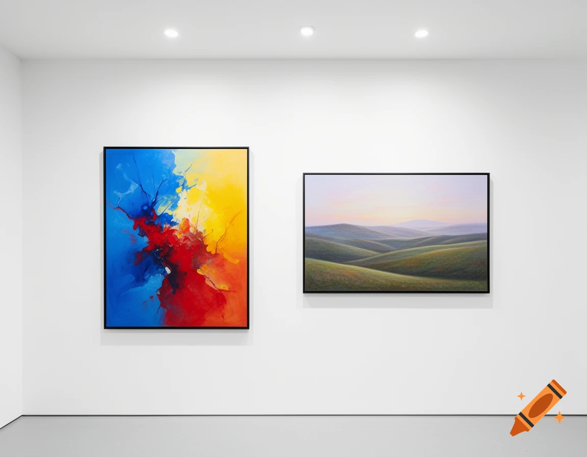 Two framed paintings, one abstract and one landscape, displayed on a white wall in an art gallery.