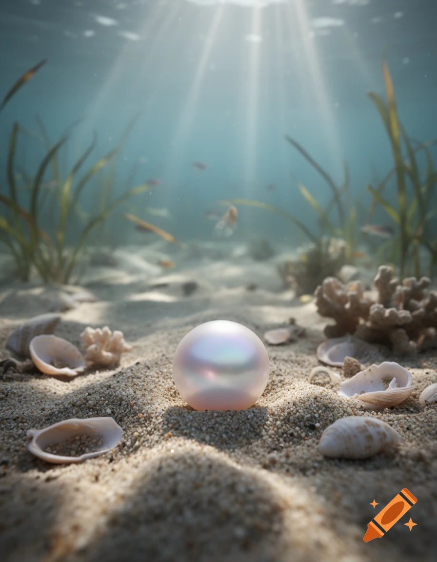 A luminous pearl rests on a sandy seabed surrounded by shells, coral, and sea plants, with sun rays piercing the blue water above.