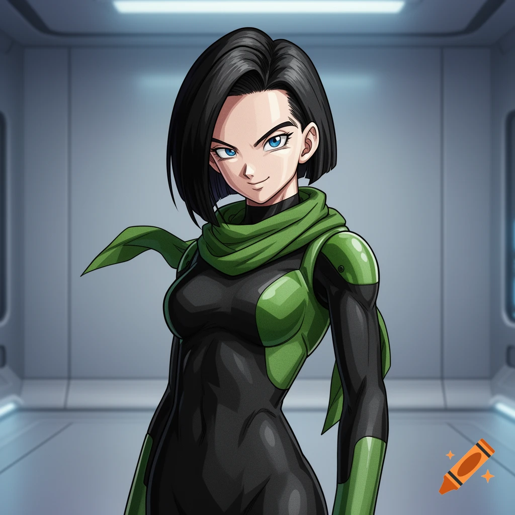 An anime style character resembling Android 17 from Dragon Ball Z, with short black hair and blue eyes, wearing a black and green suit with a green scarf, stands in a futuristic corridor.