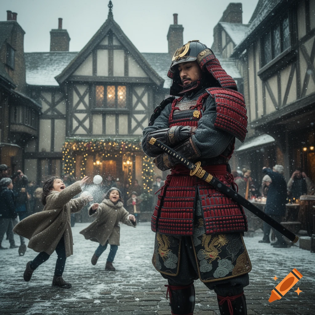 A photorealistic image of a samurai in red armor standing guard on a snowy Tudor London street with children playing snowballs in the background, adorned with Christmas lights.
