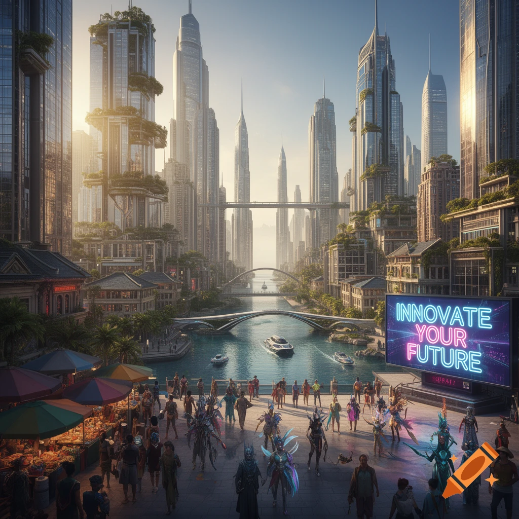 A vibrant, futuristic city with towering skyscrapers, a river, and a bustling promenade. A neon sign reads 'INNOVATE YOUR FUTURE'.