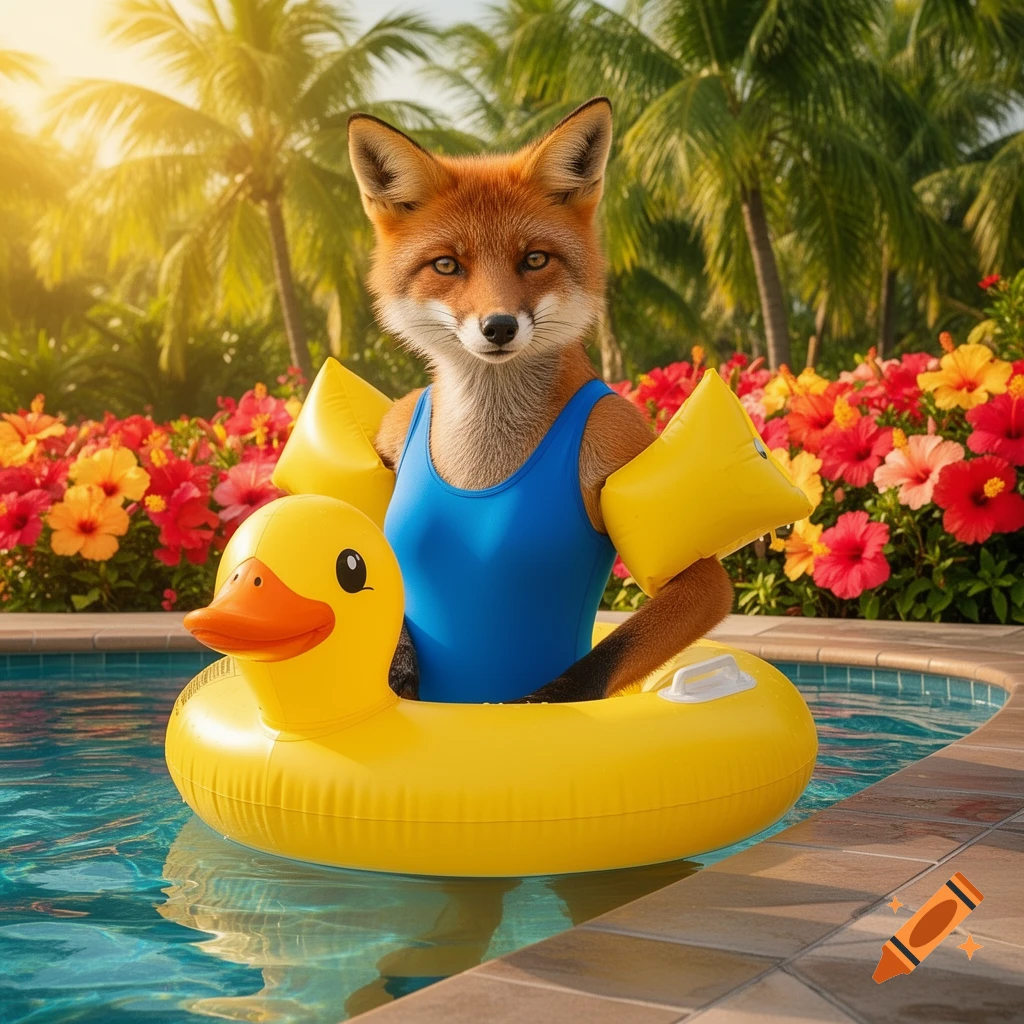 A photorealistic anthropomorphic fox in a blue swimsuit and yellow arm floaties sits in a duck inner tube in a tropical swimming pool.