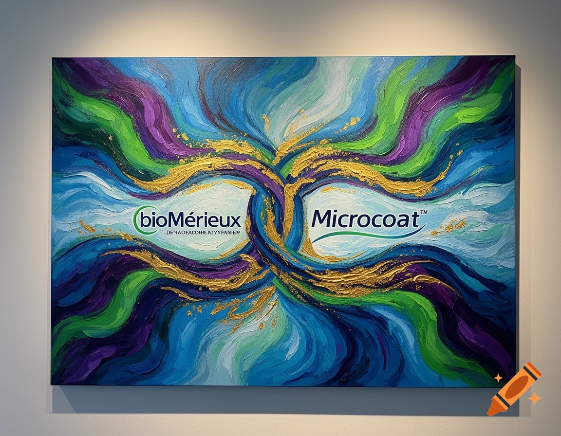 An acrylic painting featuring swirling blue, green, purple, and gold brushstrokes, with the 'bioMérieux' and 'Microcoat' logos centered.