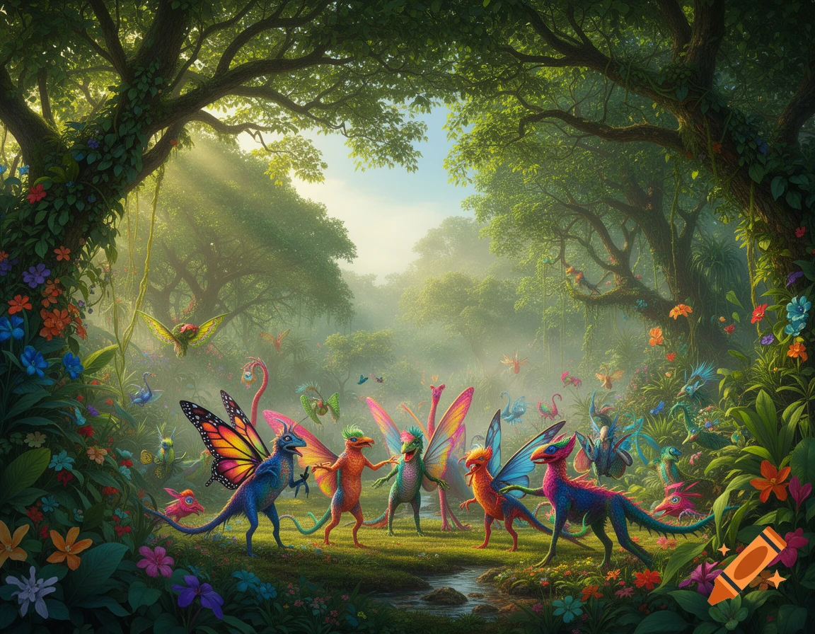 Colorful butterfly-winged fantasy creatures dance in a vibrant, sunlit jungle clearing with lush foliage and flowers.