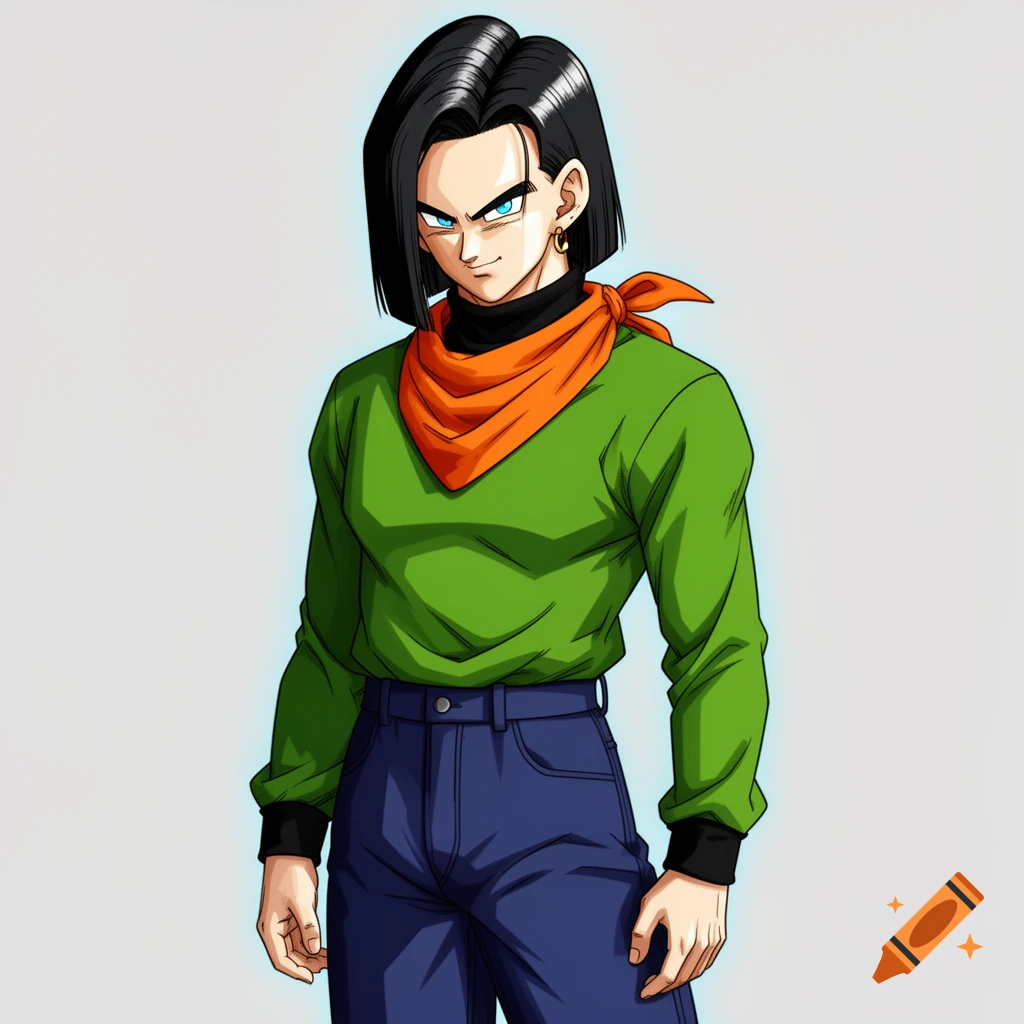 Android 17 from Dragon Ball Z, a male character with short black hair and blue eyes, wearing a green shirt, orange bandana, and blue jeans, looking forward.