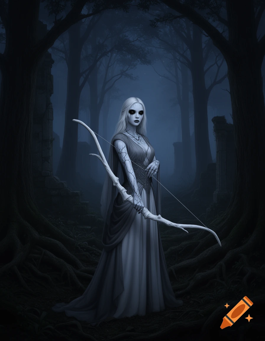 A pale, undead woman with black eyes and cracked skin stands in a dark, misty forest, holding a white bow. Dark fantasy art.