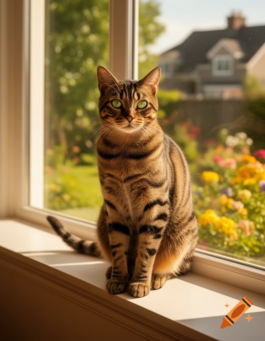 A photorealistic tabby cat with green eyes sits on a sunny windowsill ...