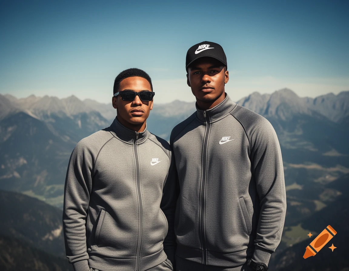 Two men in grey Nike tracksuits and one black Nike cap, posing in a mountain landscape under a clear sky.