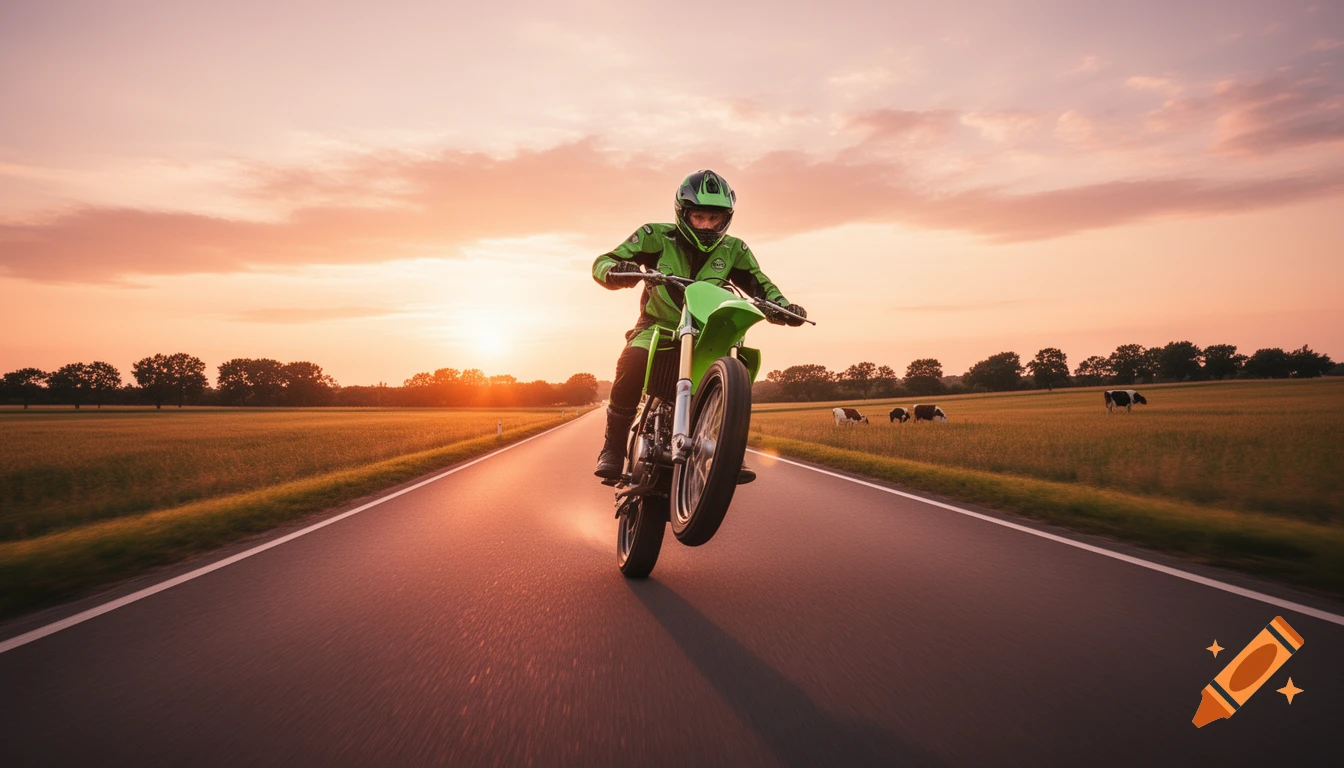 A motorcyclist in a green suit and helmet performs a wheelie on a road at sunset, with fields and cows in the background.